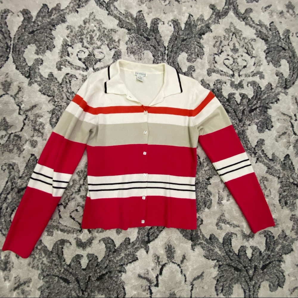 Red, Tan & Creme Button Up Collared Sweater